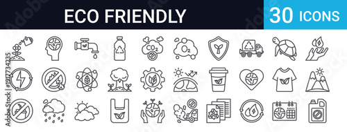30 thin line ecology icons featuring recycling, sustainable energy, pollution, earth protection, water conservation, and green living. Perfect for environmental web and app design.