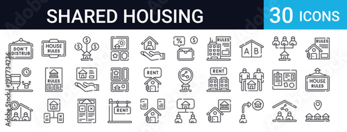30 thin line icons for shared housing, roommate rules, house regulations, rent, notice boards, and communal living. Perfect for rental apps, property websites, and housing platforms.