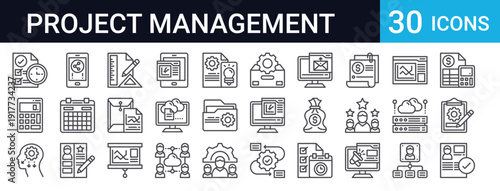 30 thin line project management icons including workflow, team collaboration, budget planning, deadlines, analytics, file management, and business process symbols.
