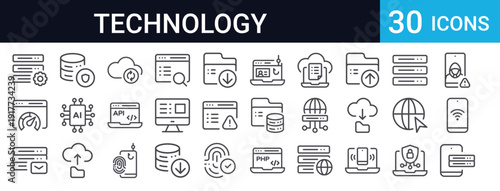 Set of 30 thin line technology icons. Includes server, wifi, network, cloud computing, database, cyber security, hacker, and data storage symbols. Perfect for web and app design.