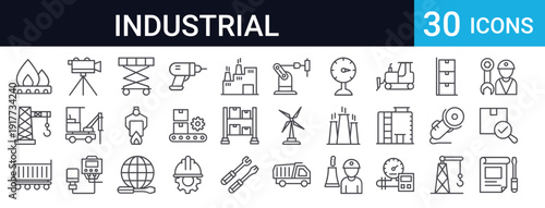 30 thin line industrial and manufacturing icons. Includes factory equipment, machinery, engineering tools, production line, logistics and automation symbols. Perfect for web and app design.