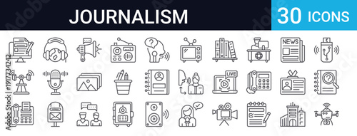30 thin line journalism and news media icons. Includes reporter, newspaper, press, broadcast, communication symbols. Perfect for editorial and media projects.