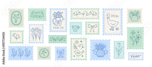 Hand drawn coquette Spring summer postage stamps in whimsical lines. Floral cute vector stickers.  Flowers, watering can, goose, bow, teapot, bouquet blossom flowers, blue and green pastel colors.
