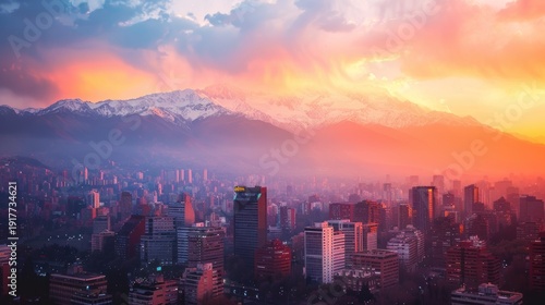 Sunset cityscape over mountain range