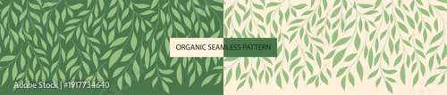 Seamless Pattern with Hanging Willow Branches and Hand-Drawn Leaves, Organic Botanical Background