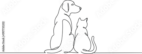 Dog and cat companionship flat vector illustration, pets, friendship, harmony, animals together, minimalist continuous line drawing artwork