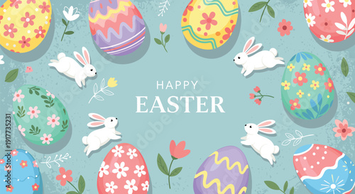 Easter holiday flat vector illustration, decorated eggs, white rabbits, spring celebration, festive design, colorful artwork, seasonal greeting