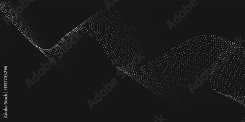 Wave of flowing vanishing particles vector abstract background, curvy lines dots in motion over black relaxing illustration, smoke like image.