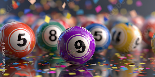 Colorful Lottery Bingo Balls with Number 9 and Celebration Confetti – 3D Render