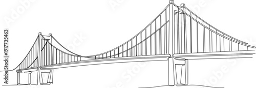 Suspension bridge with tall towers and cables, architectural engineering design spanning water or valley, structural landscape drawing, flat vector illustration