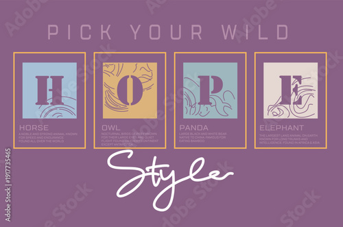 HOPE Typography Poster with Horse Owl Panda and Elephant Animal Infographic.