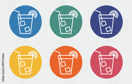 Six Colorful Iced Drinks with Lemon Slices and Straws, Bright Tropical Refreshment Set Featuring Citrus Garnish and Cold Sparkling Cocktails for Bar Promotion