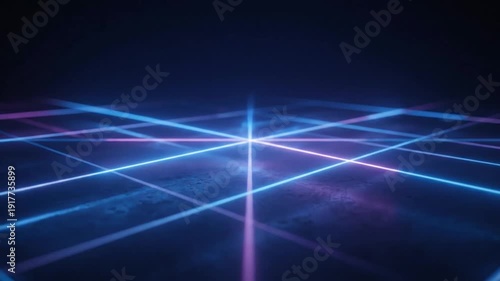 Vibrant neon lights intersecting in dark space with glowing beams