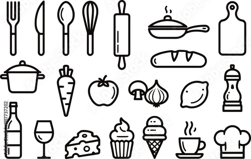 Culinary Essentials: An array of essential kitchen tools and ingredients, illustrated in a clean, modern style, offering a visual symphony of cooking and dining essentials.