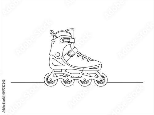 Line drawing of inline roller skate with four wheels