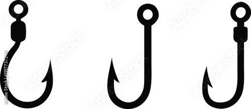Three fishing hooks with and without swivel design isolated vector silhouette illustration