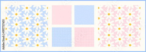 Flower cute seamless pattern set gingham floral and kawaii small. Check spring daisy with print easter pink and girl botanical textile. Background kids flower with stripe design pattern.