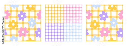 Flower seamless pattern gingham with a cute floral set, kawaii and small check designs for spring daisy prints. Easter pink and botanical textile backgrounds for kids, featuring plaid