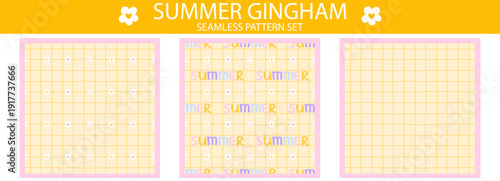 Summer plaid texture and pattern gingham tartan with seamless check tablecloth. Pink picnic kids and easter background vector with yellow cloth vichy. Cute summer doodle and drawn pattern fabric.