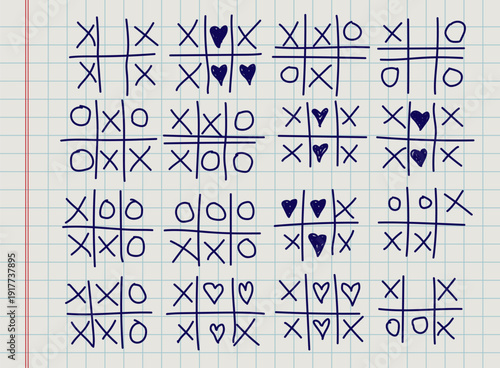 A creative tic-tac-toe game board with hearts and symbols on grid paper