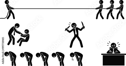 Business conflict and stress silhouette icon set, workplace struggle actions, teamwork tension scenes, black white vector illustration collection bundle design