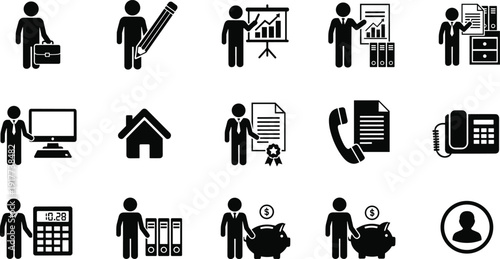 Business office worker silhouette icons set, corporate management finance communication presentation document calculator savings professional work vector illustration collection