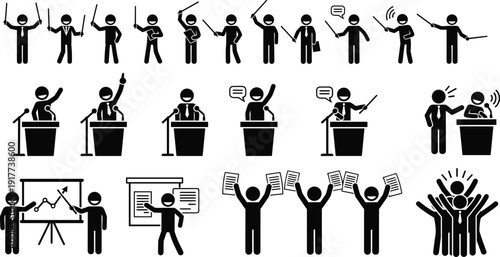 Business presentation speaker silhouette icons set conference speech podium communication leadership seminar training meeting presentation people vector illustration collection bundle