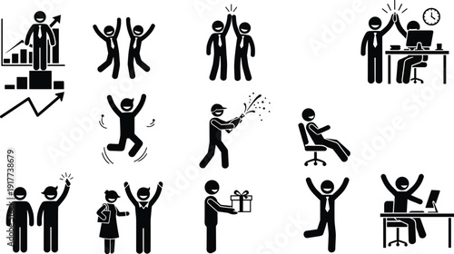 Business success teamwork celebration silhouette icons set, office achievement victory high five promotion growth corporate people vector illustration collection