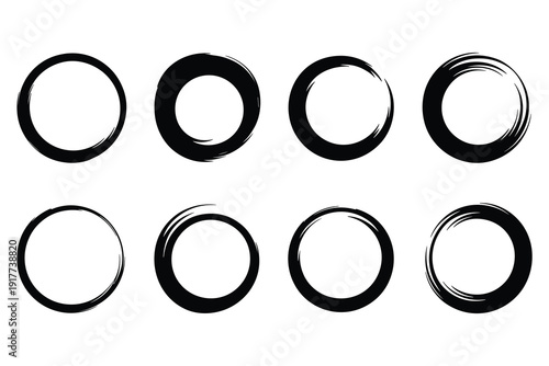 Eight Black Brushstroke Circles on White Background Zen Enso Circles Grunge Artistic Elements