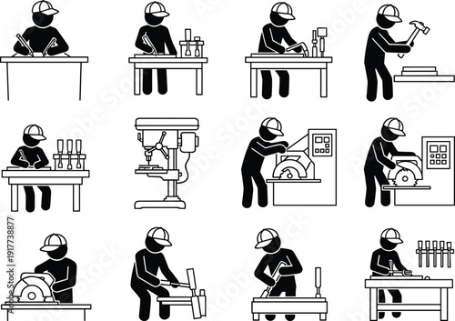 Carpenter worker silhouette icon set, woodworking tools craftsman drilling cutting sawing hammering workshop vector illustration industrial construction equipment design