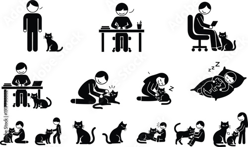 Cat owner lifestyle silhouette icon set, person working relaxing sleeping and playing with pet cat daily life vector illustration collection