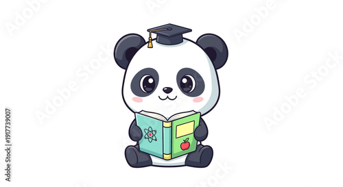 Cute Panda Bear Cartoon Character Wearing Glasses Reading a Book – Concept for Early Childhood Education and Literacy