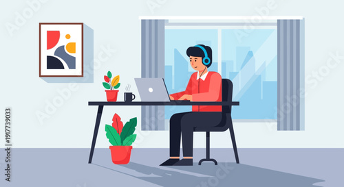 people Working from Home with Laptop and Headphones in Cozy Modern Office Workspace