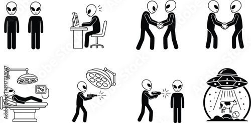 Alien, abduction, icon, set, extraterrestrial, UFO, silhouette, experiment, science, fiction, mystery, vector, illustration, symbol, conspiracy, humanoid, spaceship, fantasy, design, collection