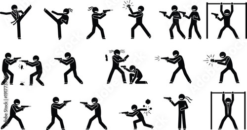 Action combat and self defense silhouette icon set, martial arts fighting poses with weapon training scenes, black white vector illustration
