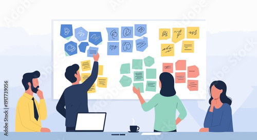 Business Team Collaborating on Agile Project with Sticky Notes on Whiteboard for Brainstorming and Strategy Concept