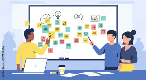 Diverse Business Team Brainstorming with Sticky Notes on Whiteboard