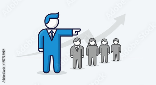 Business Leader Pointing Forward with Growth Arrow and Team Vector