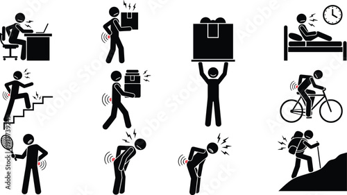 Back pain injury and physical strain icons set, body posture risk silhouettes collection, health problem lifestyle vector pictogram illustration