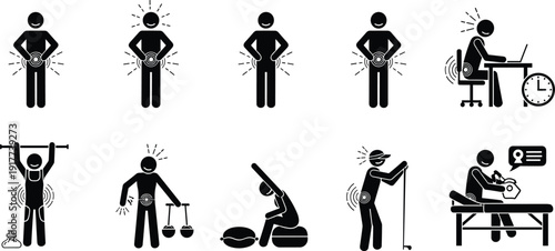 Back pain relief and therapy icons set, body posture injury rehabilitation silhouettes collection, health recovery physiotherapy vector pictogram illustration bundle