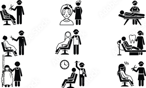 Beauty salon and spa service silhouettes set, hairdresser massage dentist cosmetic treatment icons, professional beauty care black vector illustration collection