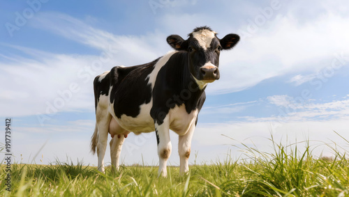 Black and white Holstein cow standing on green pasture under blue sky in sunny rural countryside landscape