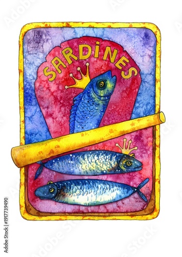 Картината върху платно watercolor canned sardines with an open lid