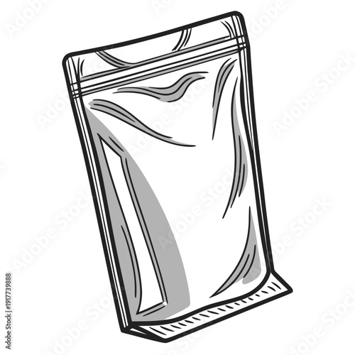An angled, grayscale illustration of a flexible pouch, possibly for packaging, with a resealable top and textured bottom