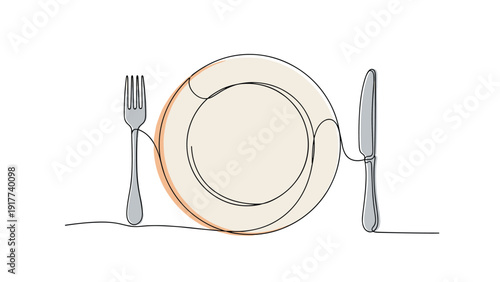 Minimalist continuous one-line drawing of a place setting featuring a fork, a circular dinner plate, and a sharp knife.