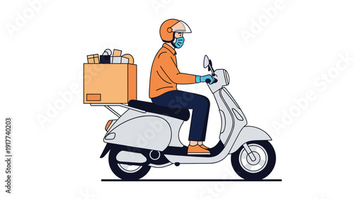 Delivery person wearing a medical mask and helmet riding a scooter to deliver a box of groceries during a pandemic safety measures.