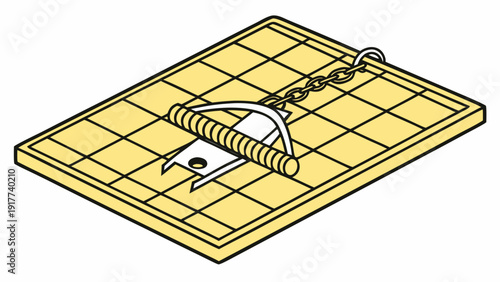 A deadly mouse trap set on a grid surface with a spring-loaded mechanism and chain