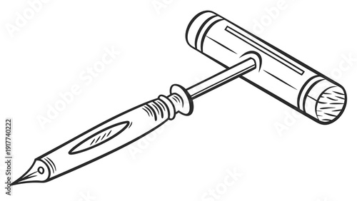 A detailed illustration of a pen and a hammer placed together on a clean surface viewed from a slight angle