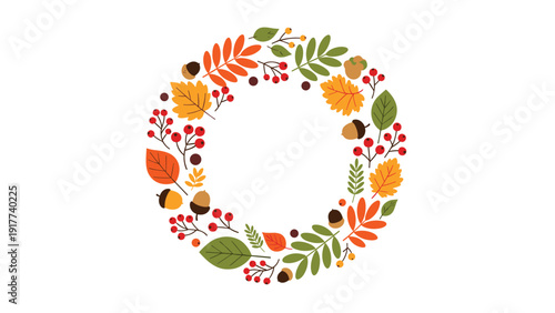 Colorful fall season wreath featuring a variety of autumn leaves, small acorns, and red berries on a plain white background.