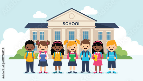 Group of diverse smiling elementary school children holding books and wearing backpacks in front of their school building.